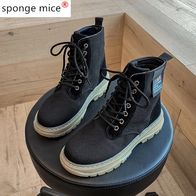 

2020 New Autumn Women Turned-over Edge Ankle Boots Fashion Brand Canvas Winter Boots Outdoor Martin Boots for Botas Mujer S48