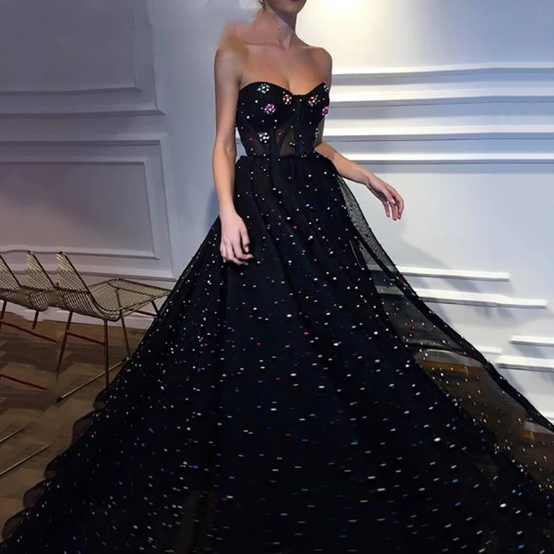 

Длинное черное платье для выпускного вечера с бусинами и карманом, 2020