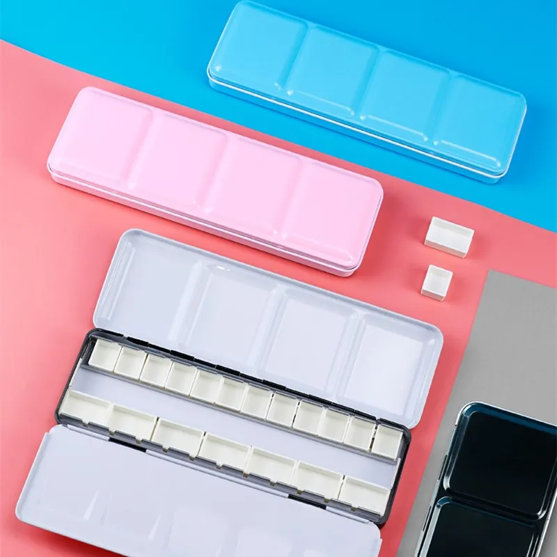 

Metal box 12/24/48 color solid watercolor paint storage sub-package box with palette half/full block grid painting art supplies
