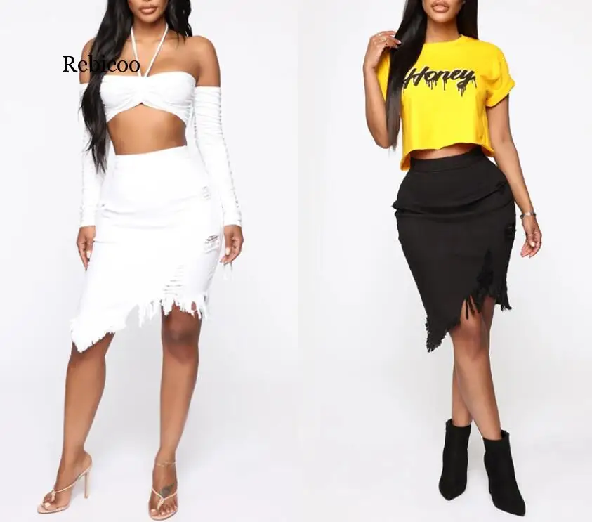 Ассиметричная черно-белая Джинсовая Юбка-миди с дырками кисточками 2020 высокой