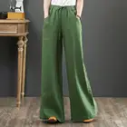 Женские винтажные брюки из хлопка и льна, прямые брюки с высокой талией и карманами, однотонные, модель 2021 года
