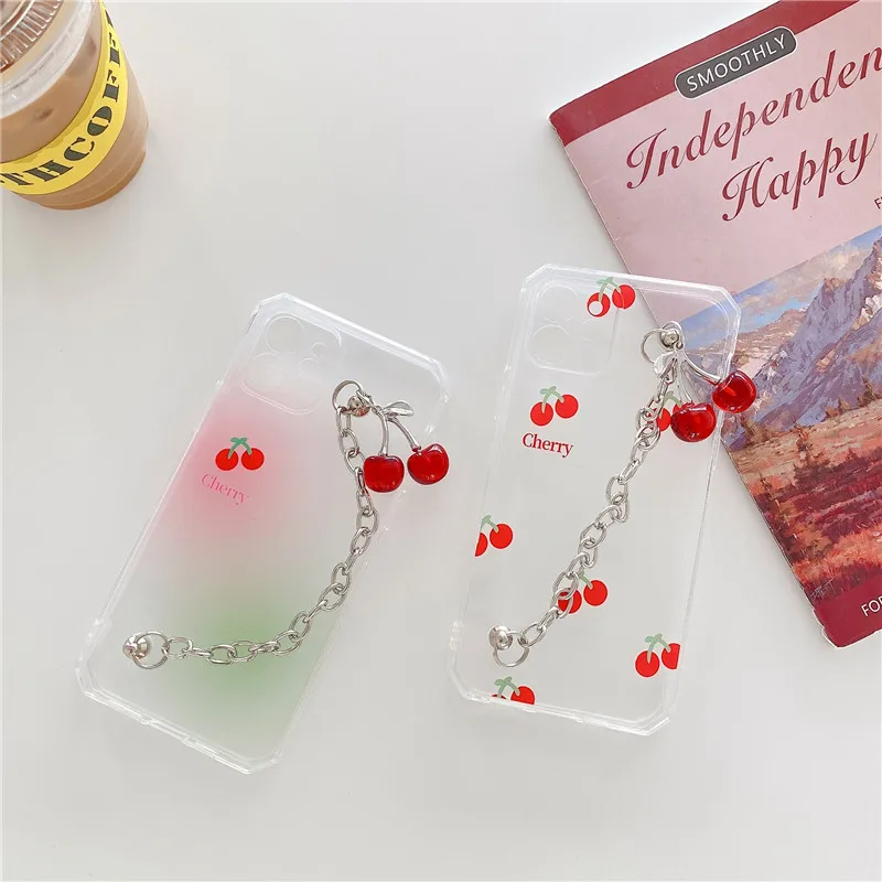 

Korea Cute Gradient Cherry 3D Bracelet Chain Soft phone Case For iphone 7 8 Puls X XR XS 11 12 pro Max Clear cover fundas
