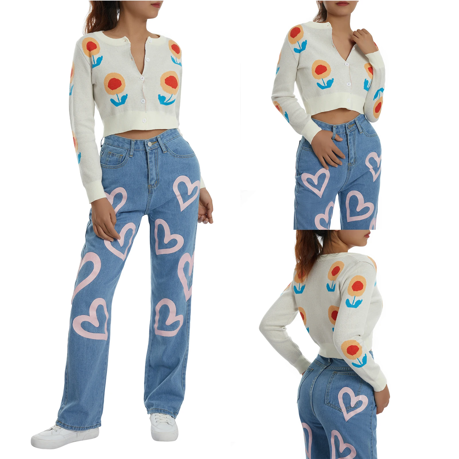 

Женский кардиган на пуговицах, свободные вязаные укороченные топы с длинным рукавом, круглым вырезом и цветочным принтом