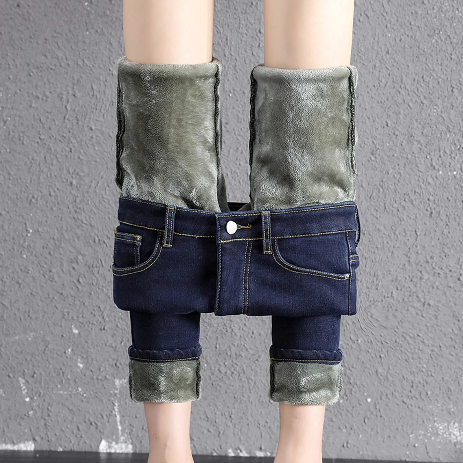 

Женские зимние джинсы размера плюс бархатные узкие джинсы с флисовой подкладкой на молнии Slim Fit с завышенной талией; Эластичные узкие брюки ...