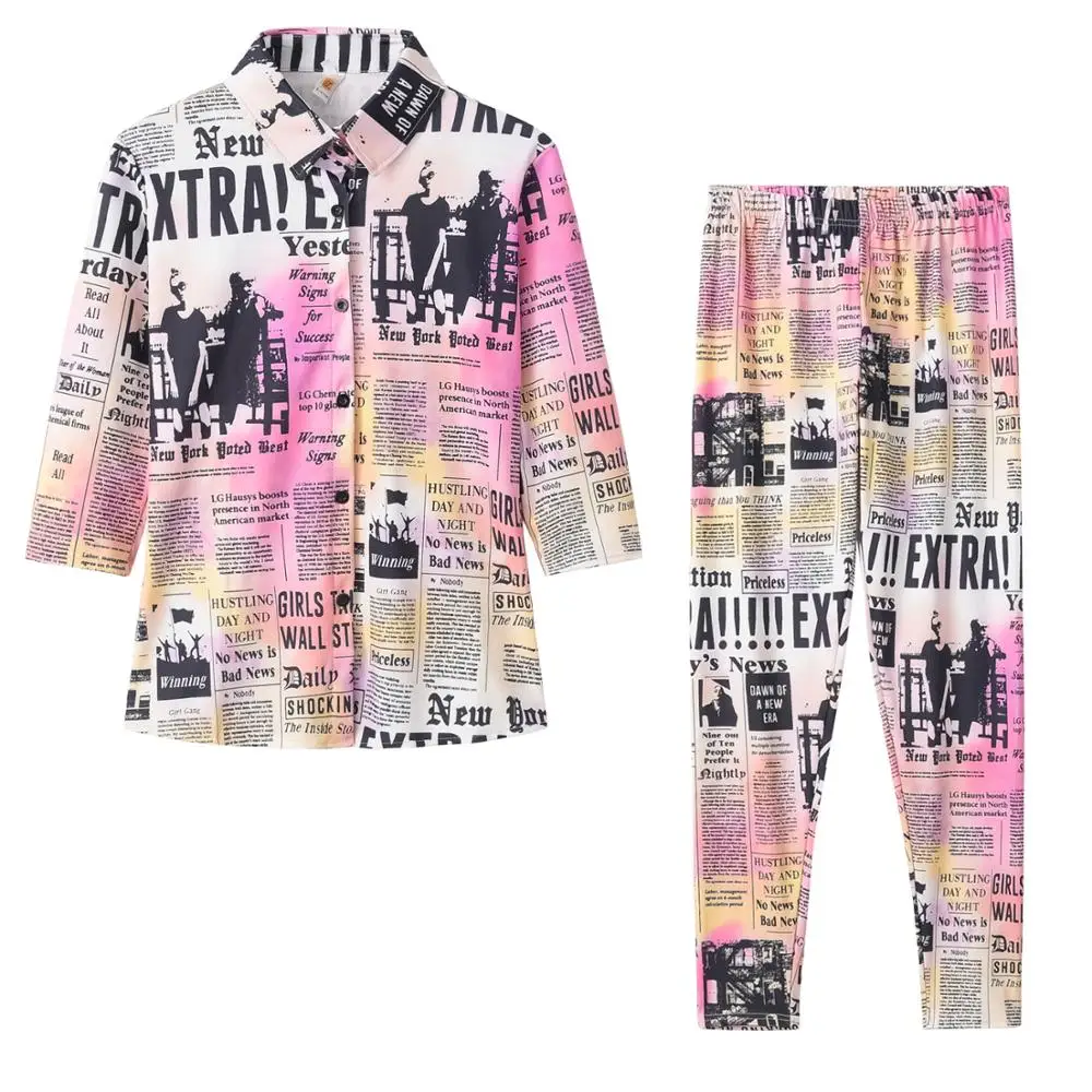 

2020 Newspaper Print Two Piece Sets Women Turn-down Collar Button Up Blouses Shirts and Pencil Pants Suit Club 2 Piece Outfits