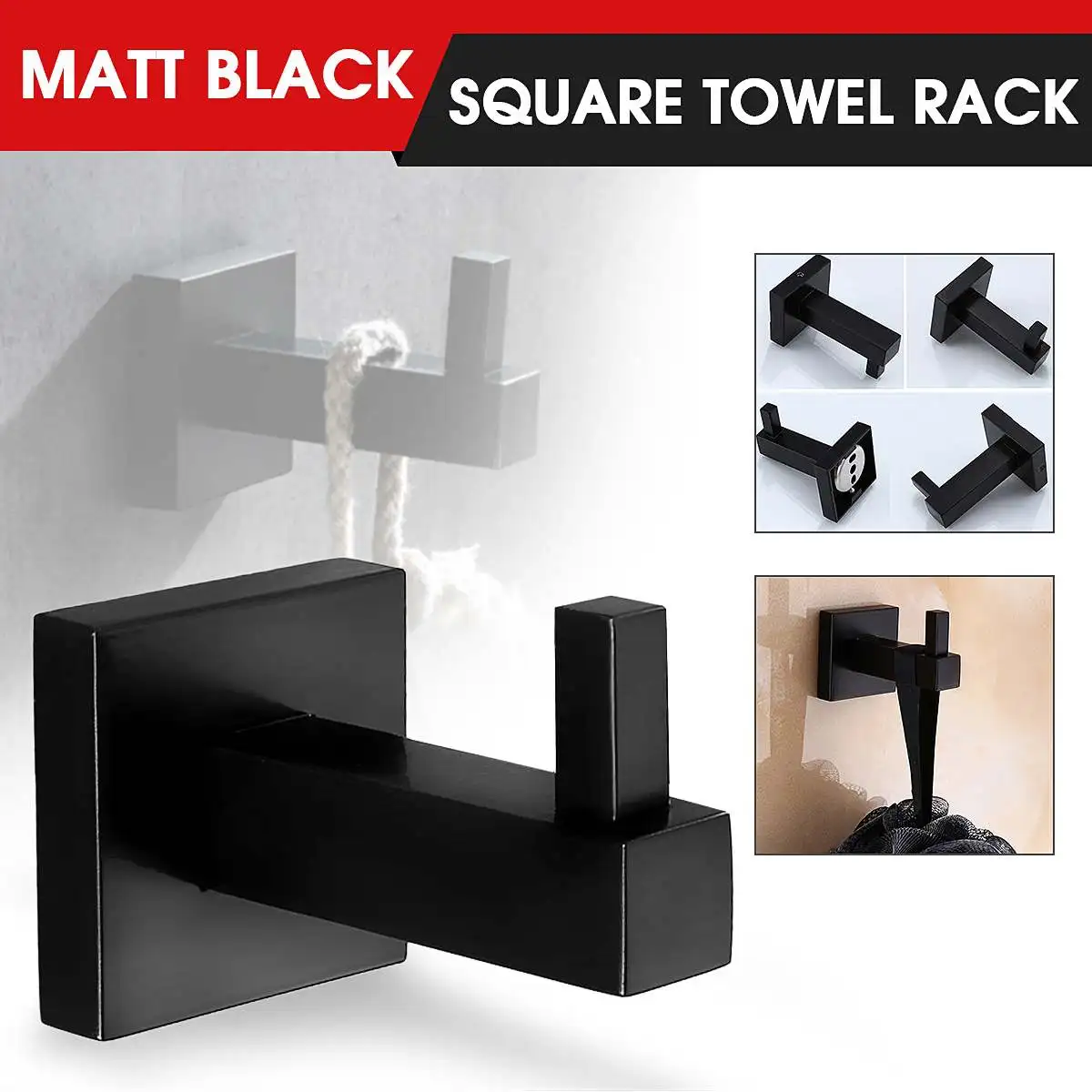 

Matte Black Square Towel Rack Wall Mounted Holder Rail Tissue Roll Toilet Brush Holder Robe Hook Bathroom