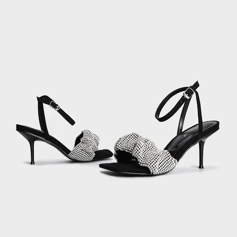 

High-quality Open-toe Fashion Sandals Womens Summer Square Head with Rhinestones Stiletto Classic High Heels Catwalk Dress Shoes