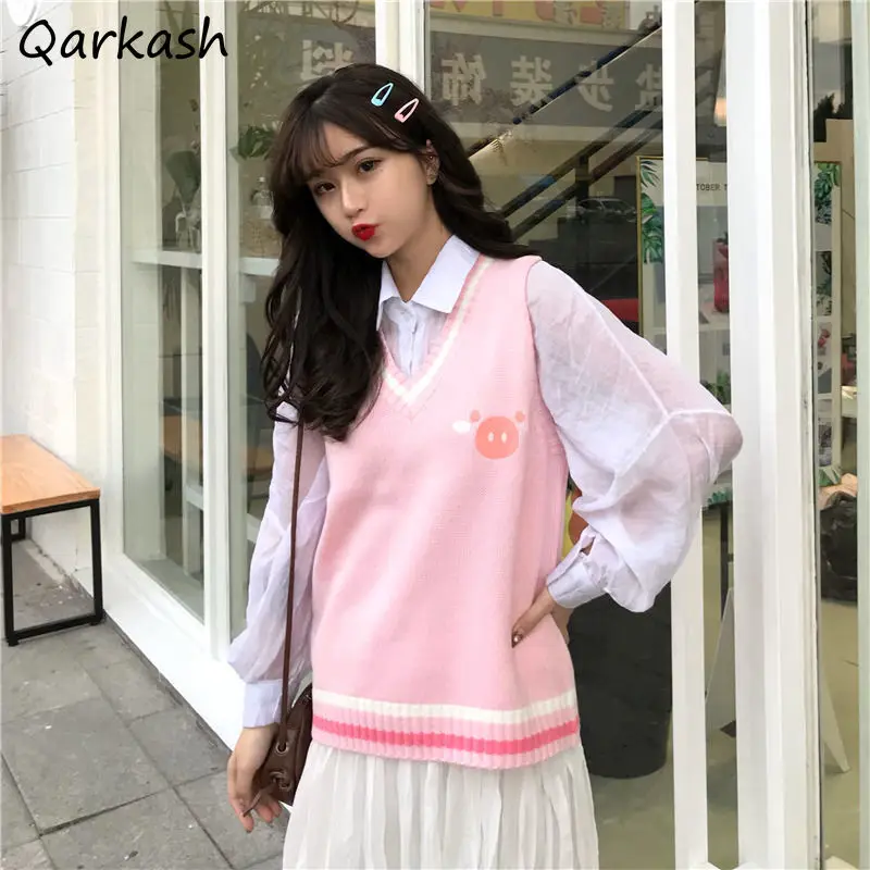 

Sweater Vests Women Pink Japan Style Autumn Kawaii Vintage Preppy Knitting Mujer Daily Ins Maiden Casual Streetwear Stylish Slim