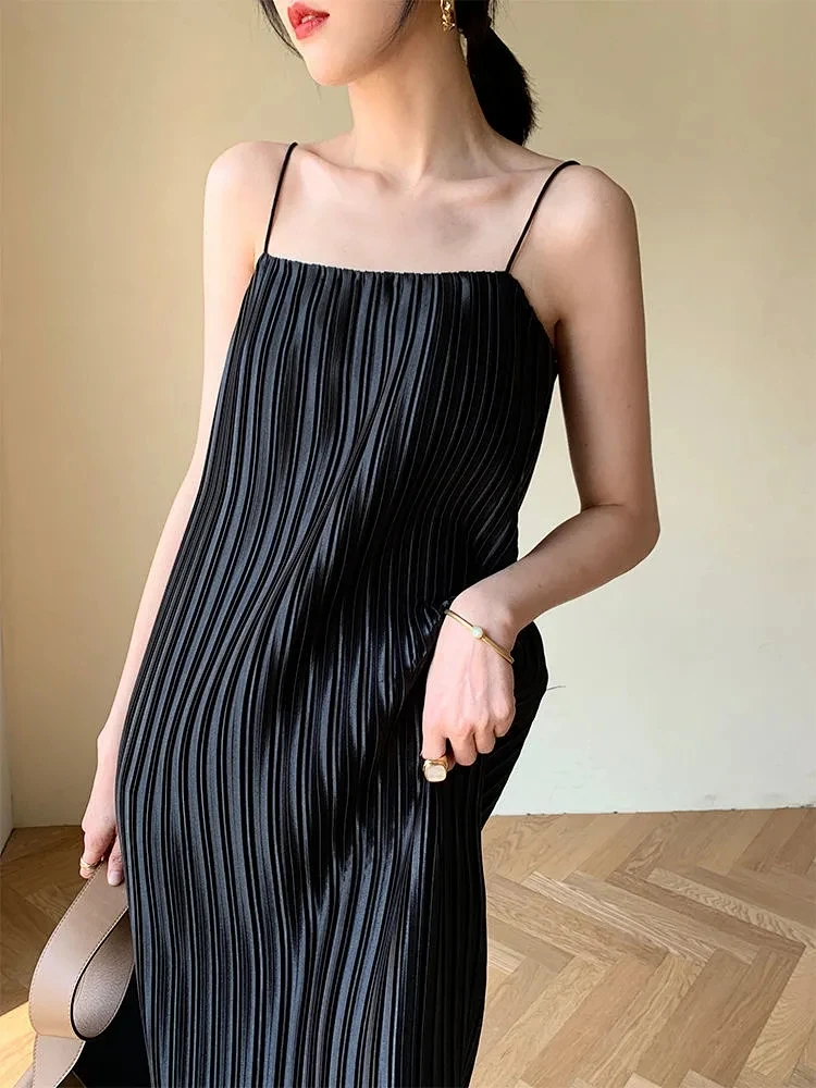 striped long sexy suspender Pleated High-quality satin dress 2020 summer new fashion French design sens Female New | Женская одежда