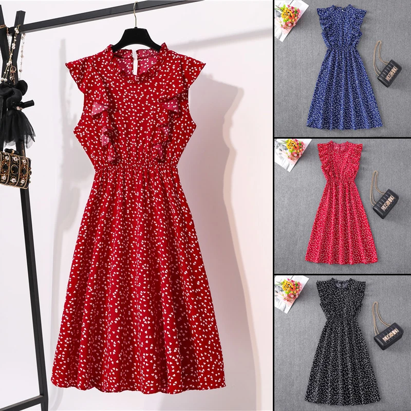 

Женское богемное платье средней длины без рукавов с круглым вырезом в стиле бохо с оборками на Подоле с принтом в горошек облегающее стильн...