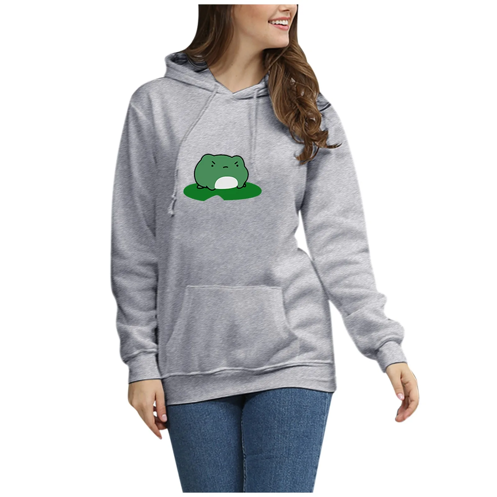 Frog Hoodies Women Girls Solid Color Japanese Harajuku Casual Long Sleeve Print Pullover Hoodie Sweatshirt Tops Blouse Oversized