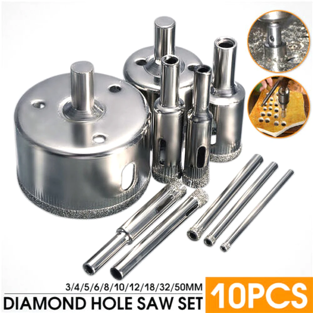 

10pcs/Set Diamond Coated Hole Core Drill Bit Tile Marble Glass Ceramic Set 3mm-50mm for Glass Ceramic Porcelain