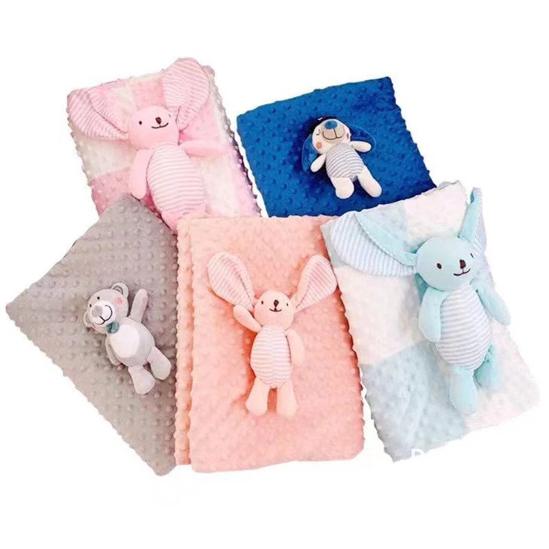 

Minky Dot Soft Baby Blanket With Toys Double Layer Warm Plush Quilt Newborn Stroller Cover