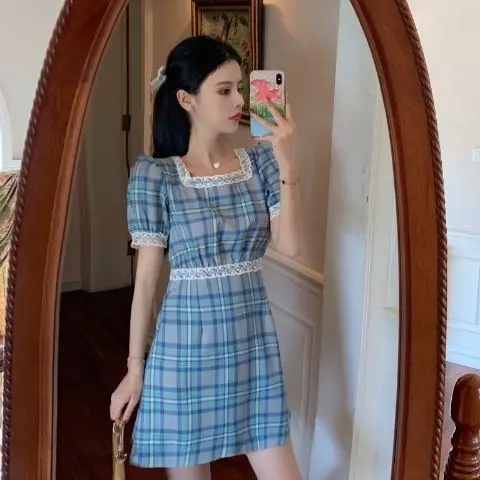 

Women's 2021 Summer New First Love Skirt Small Gentle Temperament Skirt Square Collar Plaid Small Fragrance Dress