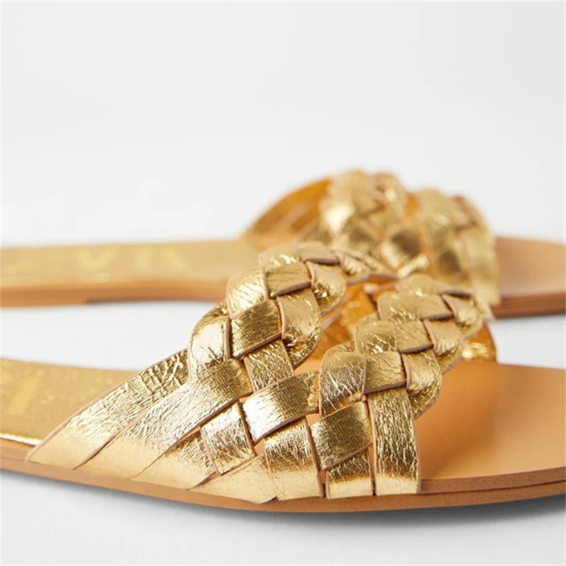 

ZARN Women's Shoes Slippers 2021 Summer New Women's Shoes Gold Square Toe Woven Metal Flat Slippers