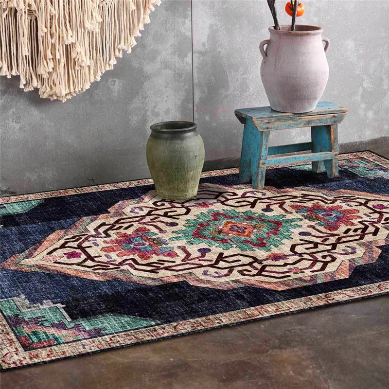 

Fashion European-Style Vintage Rugs Persian Ethnic-Style Dark Blue Carpet Living Room Bedroom Bed Blanket Kitchen Floor Mat