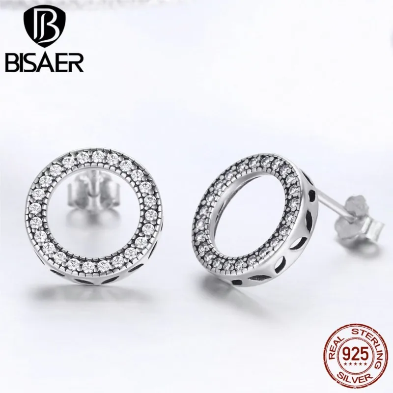 

BISAER Fashion 925 Sterling Silver Clear CZ Forever Circle Earrings Round Stud Earrings for Women Fashion Earrings 2019 ECE417