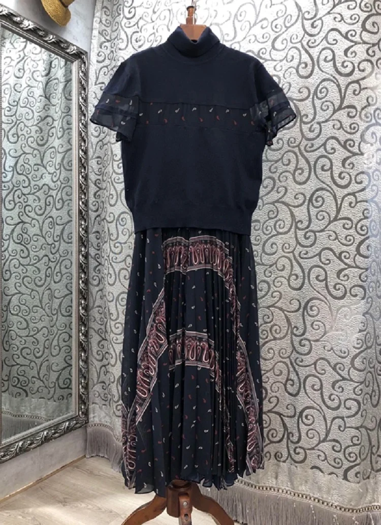 

Turtleneck Dress 2020 Autumn Winter Style Women Vintage Print Patchwork Short Sleeve Mid-Calf Length Grey Blue Sweater Dress
