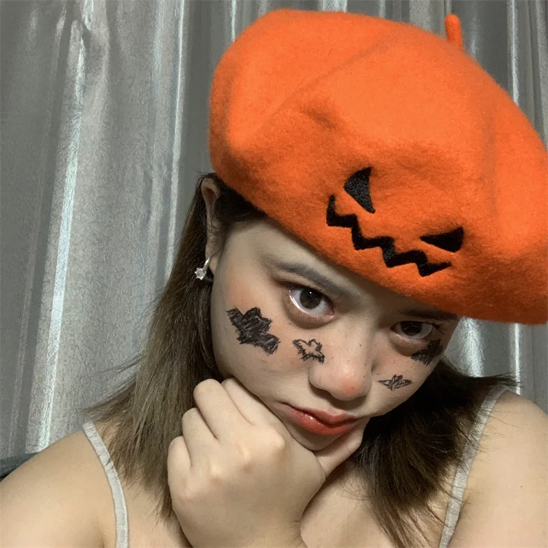 Берет унисекс с вышивкой и изображением тыквы на Хэллоуин черная зимняя теплая