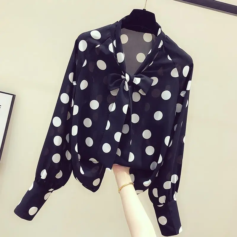 Женская шифоновая блузка в горошек с длинным рукавом и V-образным вырезом | одежда
