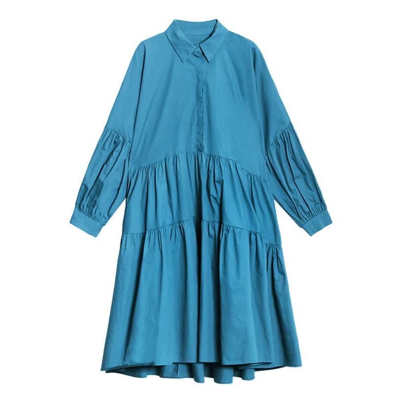 

Women Shirt Dress Vintage Irregular Blue Pleated Big Size Lapel Puff Sleeve Loose Vestidos Spring Autumn New Female Long Dresses