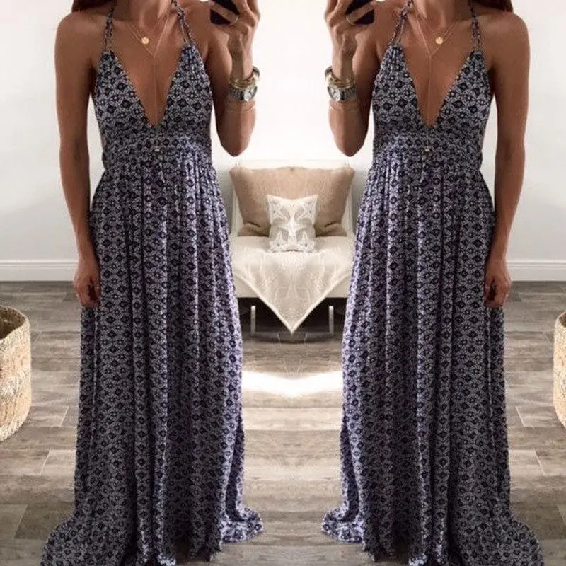 Женское длинное платье макси в стиле бохо винтажное летнее без рукавов с