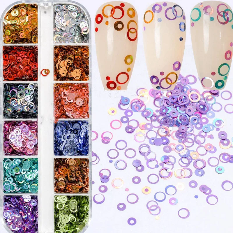 

12 grids/box Mix Sizes Dreamlike Rainbow Round Holo Circle Sequins Nail Glitter Paillette Nail Art Slice Sequins Decals Set
