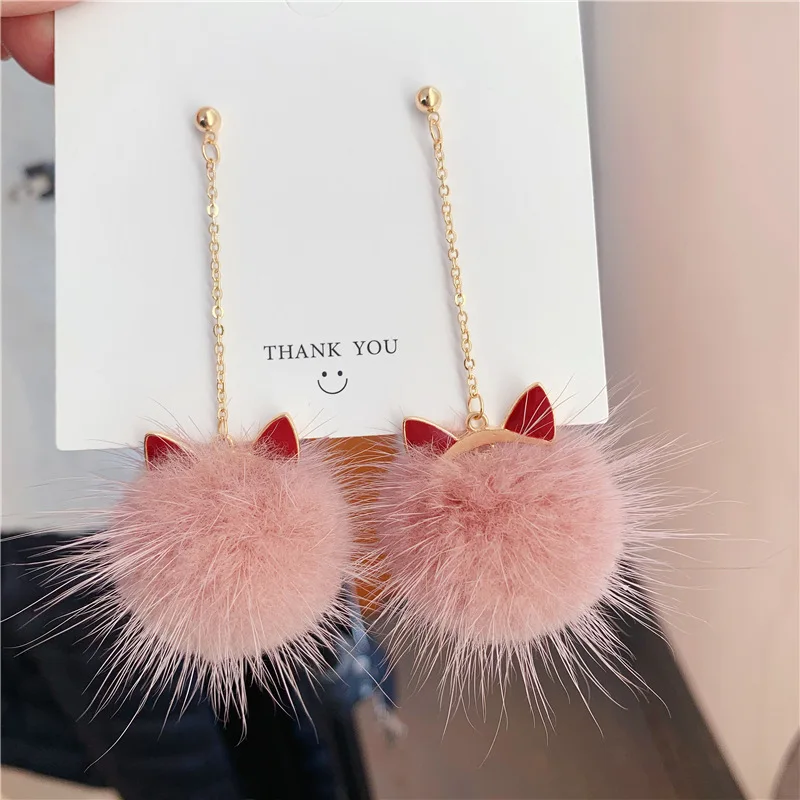 Зима белый Hairball кошка Ушная клипса серьги для женщин милые длинные Клипсы Серьги