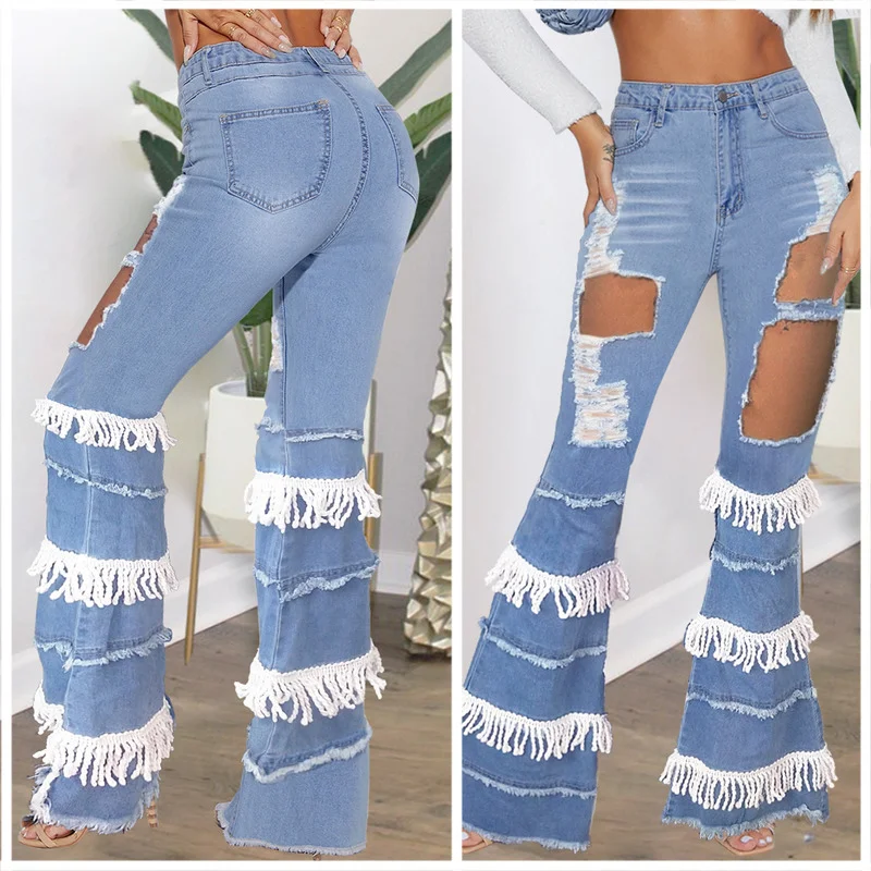 

Ripped Jeans Women's Casual Solid Color Tassel Stitching Jeans Autumn Fashion Button High Waist Denim Flare Pants