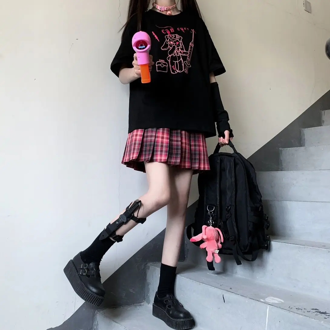 

Streetwear Harajuku Women's Summer Punk Gothic T-shirts Diablo women Short Sleeve Korea cartoon Vintage women black tees Top y2k