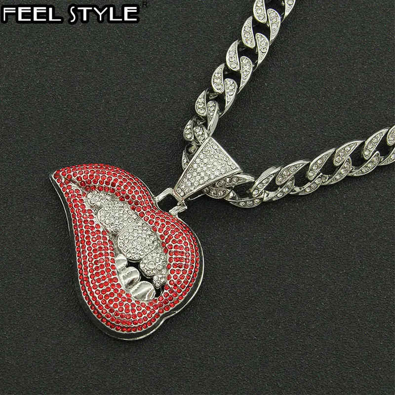 

HIP HOP AAA+ Rhinestone Iced Out Sexy Biting Lips Pendant With Cuban Link Chain Tennis Chain Necklaces For Men's Women Jewelry