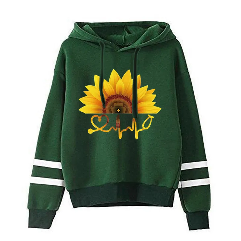 

Women Hoodie Sunflower Heartbeat Printed Hoodies Women Double Striped Long Sleeve Fleece Sweatshirt with Hat Girls Pullovers