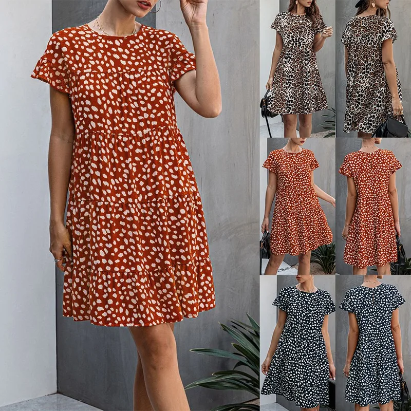 

Summer Fashion Casual Print Round Neck Short Sleeve Loose Slim Female Dress