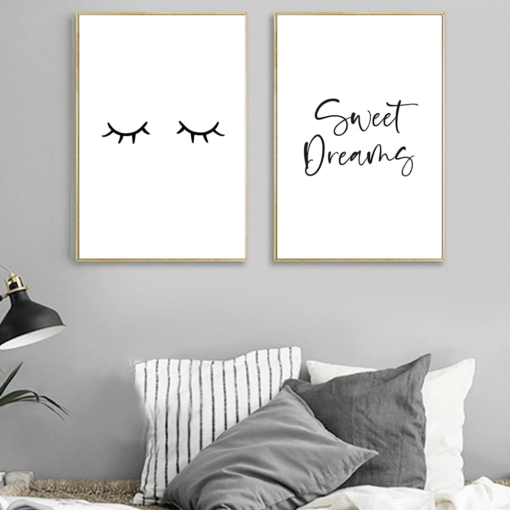 

Minimalist Black and White Sweet Dreams Quotes Lashes Canvas Painting Nursery Posters Prints Wall Picture for Bedroom Home Decor