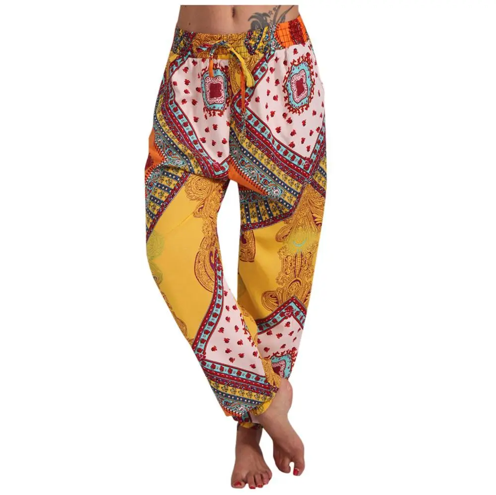 Женские штаны с этническим принтом свободные брюки на завязках 2020 повседневные