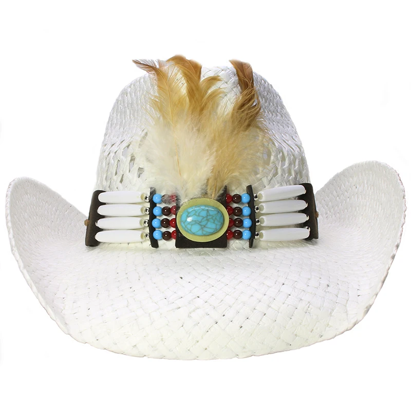 

Chicken Feather Band Casual Hollowed Out Women Men Retro Raffia Straw Wide Brim Beach Cowboy Cowgirl Western Sun Hat (58cm