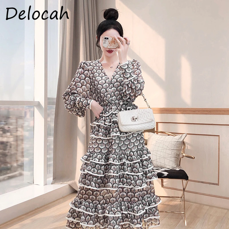 

Delocah/Новинка 2021, летнее женское модное дизайнерское длинное платье, вечерние платья с рукавами-фонариками, высокая талия, каскадные оборки, ...