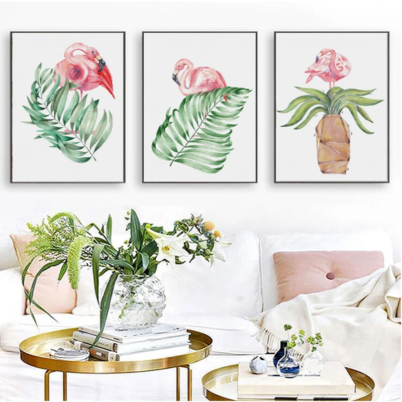 Зеленые растения лист и фламинго постер для детской комнаты принты настенная