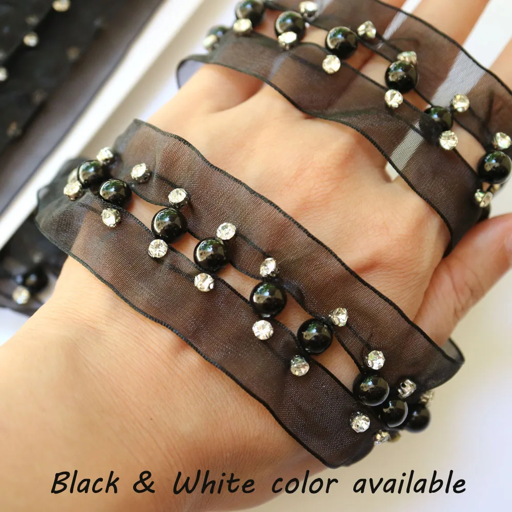 2 ярда бусины ручной работы жемчужная черная белая кружевная отделка для одежды