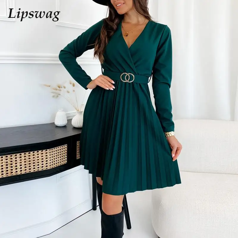 

Элегантное вечернее платье вечерние шнуровке с V-образным вырезом, женское модное однотонное плиссированное платье, женское осеннее Повсед...