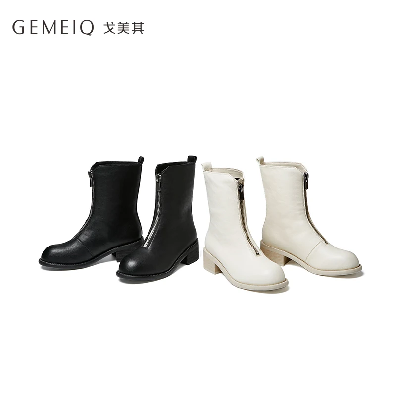 GEMEIQ/ г. Новые зимние женские ботинки короткие сапоги с круглым носком, украшенные молнией спереди рыцарские сапоги женская теплая обувь для отдыха
