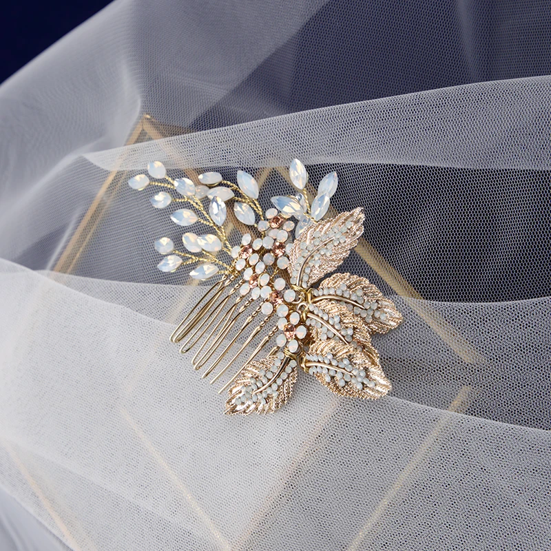 Европейские Стразы ручной работы гребни для волос с золотыми листьями свадебные