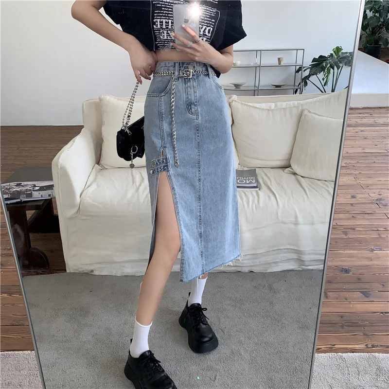 Джинсовая юбка с разрезом женская летняя средней и большой длины запахом высокой