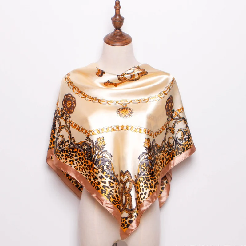 

New 90*90cm Classic Letter Chain Printed Emulation Satin Scarf Women's Beach Hair Tie Band Neck Protection Shawl Present Female