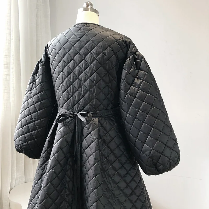 

Beige BlacFrench Design Dress Style Cotton-Padded Jacket Down Cotton Long Dress Warm Causal Padded Ladies A-line Coats For Women