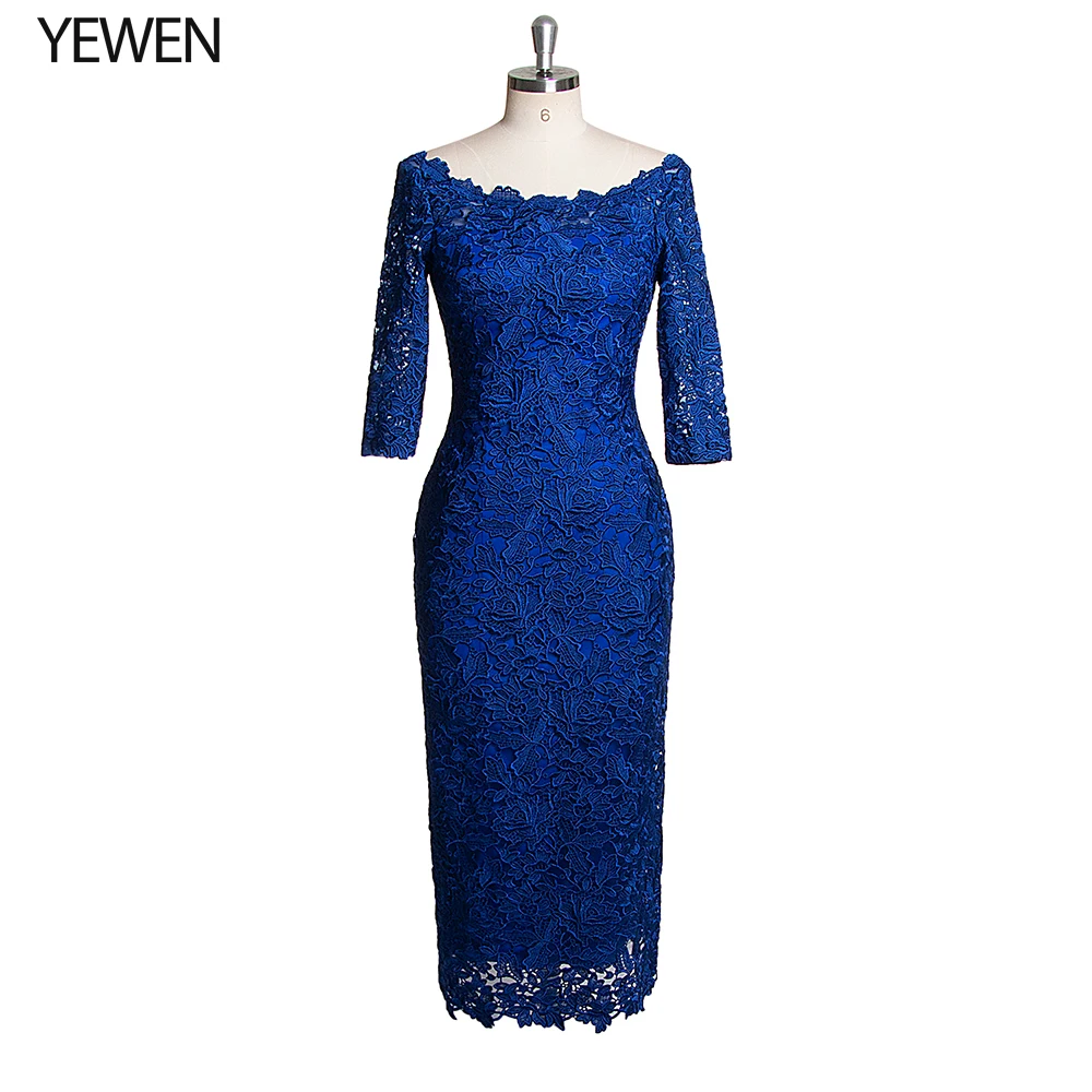 Королевское синее вечернее платье с вырезом лодочкой 2019 рукав до локтя длина