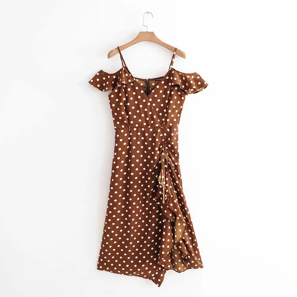 

Casual lady dot printing cross v neck drawstring sling dress Vogue women short sleeve dresses summer femme vestidos D1907