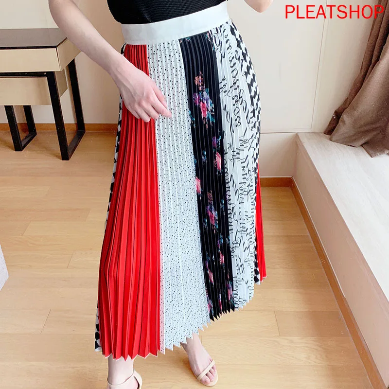 

Printed Skirt Mid-Length Women's 2020 New High Waist Side Hidden Zipper Design Contrasting Color Pleats Skirt Upe Faldas Falda