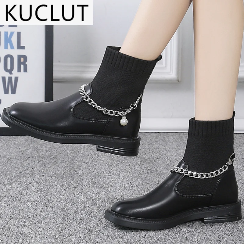 

2021 Autumn New Fashion Platform Women's Sock Boots Pu Leather Round Head Splicing Elasticity Metal Decoration Women's Boots