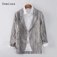 samlona linen blazers men fashion stripes jacket double buttons top outerwear autumn pocket design blazers mens clothing 2021